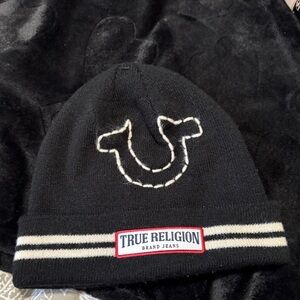 True Religion Kids Black Beanie with White Accents